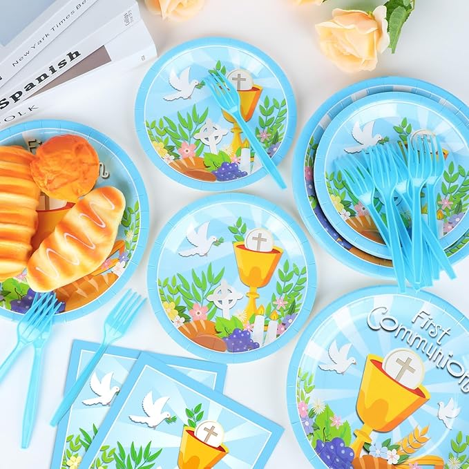 Qyeahkj 100 Pcs Baptism Plates and Napkins, First Holy Communion Party Blue Paper Disposable Tableware Decorations for Boys God Bless Decor for Christening Celebration Party Baby Shower, Serves 25