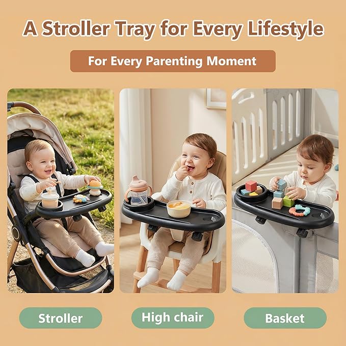 Li&Zhao Universal Stroller Snack Tray 3-in-1 Detachable Stroller Snack Tray Attachment with Secure Phone Holder, Spill-Proof Cup Holders Compartments, Easy-Clean Universal Snack Tray for Stroller