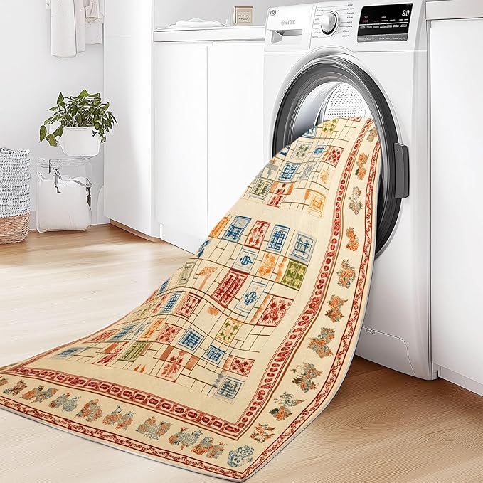 Washable Area Rug 3 x 4 ft Geometric Rectangular Snake Ladder Decor Carpet, Beige Non Slip Stain Resistant Large Area Rugs - Living Room Bedroom Dining Room Office Carpet