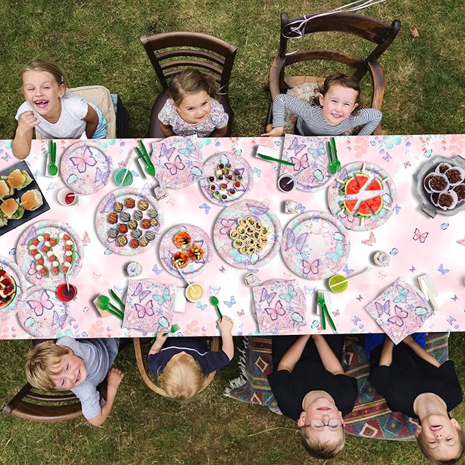 Butterfly Birthday Party Supplies Disposable Paper Plates Napkins Cups Tablecloth and Banner for Butterfly Girl Party Birthday Decorations, Serve 25