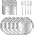 72 Pcs Silver Glitter Paper Plates 7in Disposable Paper Dessert Plates Napkins and Forks Party Tableware Set Happy Birthday Table Decorations for 24 Guests Silver Birthday Wedding Theme Party