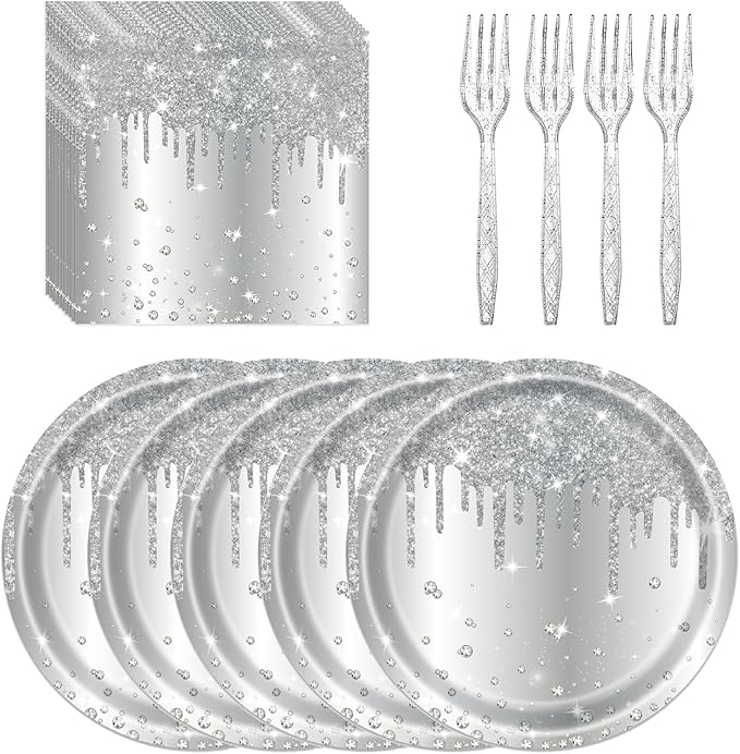 72 Pcs Silver Glitter Paper Plates 7in Disposable Paper Dessert Plates Napkins and Forks Party Tableware Set Happy Birthday Table Decorations for 24 Guests Silver Birthday Wedding Theme Party