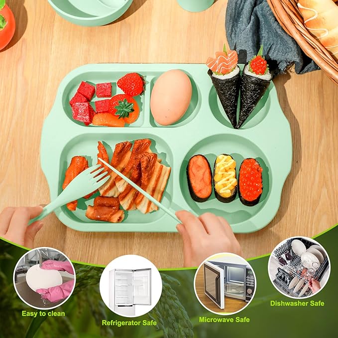 24 Pcs Wheat Straw Dinnerware Cutlery Set for Aldult Including Divided Plates Microwave Dishwasher Safe Bowl Unbreakable Tableware Straw Cutlery Spoon Knife Fork(Green)