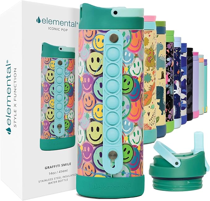 Elemental Iconic Kids Water Bottle for School - 100% Leak-Proof Insulated Water Bottles with Straw Lid & Pop-It Handle for Boys & Girls - Triple-Wall Insulated & BPA-Free, 14oz – Graffiti Smile