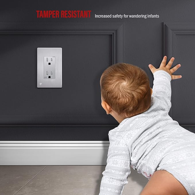 ENERLITES Elite Series Screwless Decorator Wall Plate Child Safe Outlet Cover, Gloss Finish, Size 1-Gang 4.68" H x 2.93" L, Unbreakable Polycarbonate Thermoplastic, SI8831-BSV, Brushed Silver
