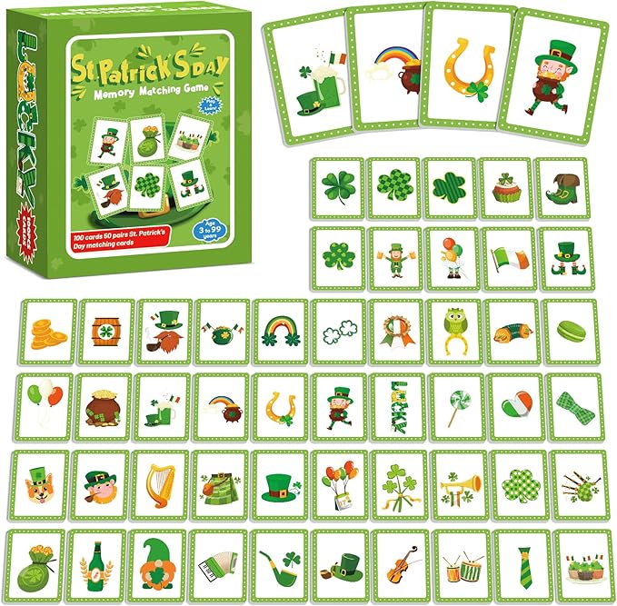gisgfim 100 PCS Memory Matching Game St. Patrick's Day Concentration Memory Games Card for Kids Educational Ages 3-8 A Fun & Fast Shamrock Theme Matching Games