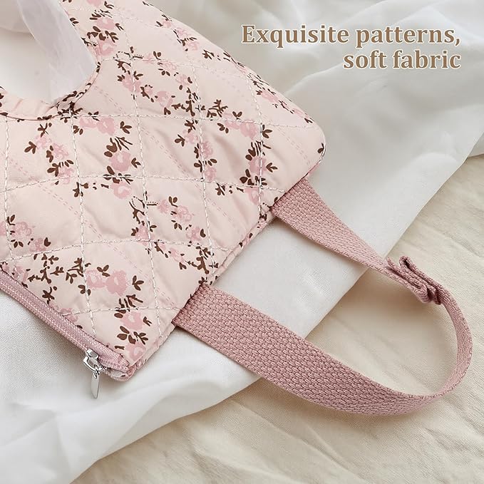 Quilted Baby Diaper and Wipes Pouch Portable Mommy Bag for Stroller Reusable Wipes Pouch with Lanyard for Casual Travel (Pink Flower)
