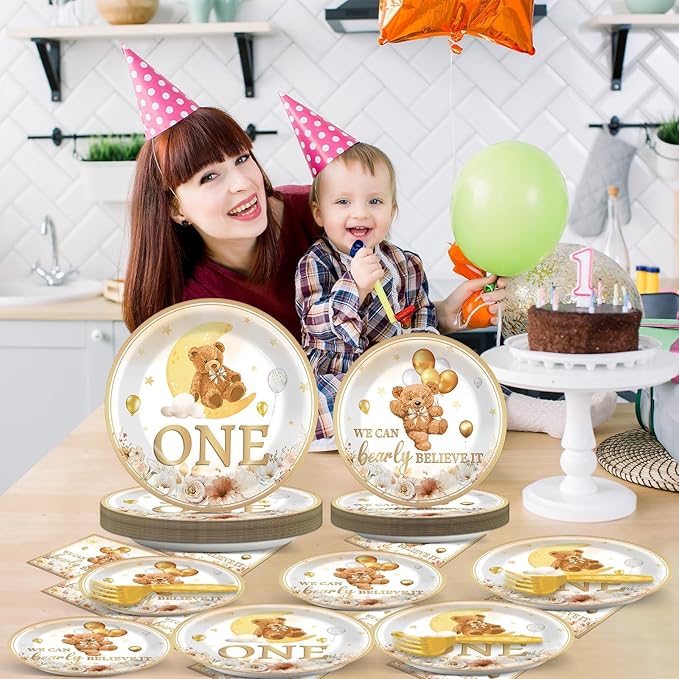 96Pcs Beary First Birthday Decorations Plates Sets, 1st Teddy Bear Paper Plates Napkins for Boy ONE Bear Tableware for 1st Birthday Party Supplies (24 Guests)