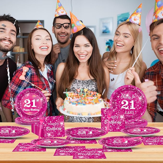 96 Pcs Hot Pink Disco Birthday Party Plates Napkins Tableware Set Pink 21th Supplies Disposable Dinnerware Happy 21 Years Old Decoration Favors for 21th Disco Theme Party Favor, 24 Guests