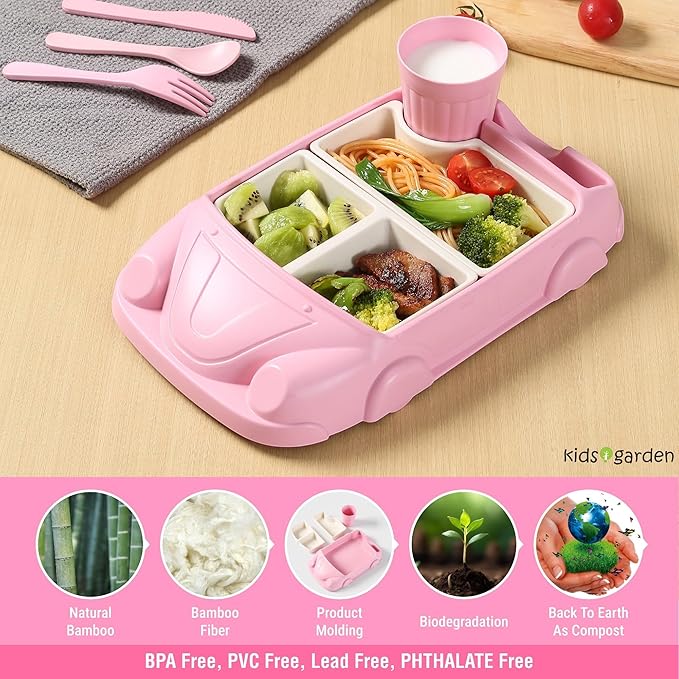 Kids garden Car Plate 8Pcs/Set Bamboo Children Dinnerware Sets - Dishwasher/Microwave Safe Includes Cutlery, Beautiful Plate, Separable Bowls & Cup Happy MealTime, Pink