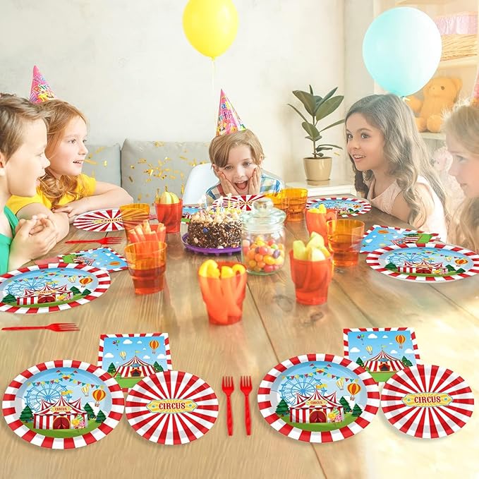 200pcs Circus Party Plates Napkins Forks Carnival Themed Party Tableware Set Red White Party Disposable Paper Dessert Cake Dinnerware Boy Girl Happy Birthday Party Baby Shower Decor Supplies Serves 50