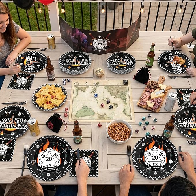 96Pcs D20 Dice Themed Birthday Party Plates and Napkins Dungeons Game Night Decor Roll to Celebrate Paper Disposable Cake Plates Role-Playing Game Themed Tableware Set for Adults Baby Shower 24 Guests