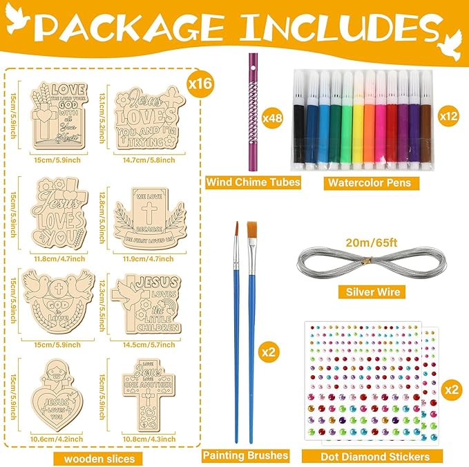 16 Pack Easter Jesus Loves Me Crafts for Kids Wooden Religious Wind Chime Crafts Kits Make Your Own Christian Crafts Wooden DIY Arts for Party School Classroom Decorations Supplies Birthday Favors