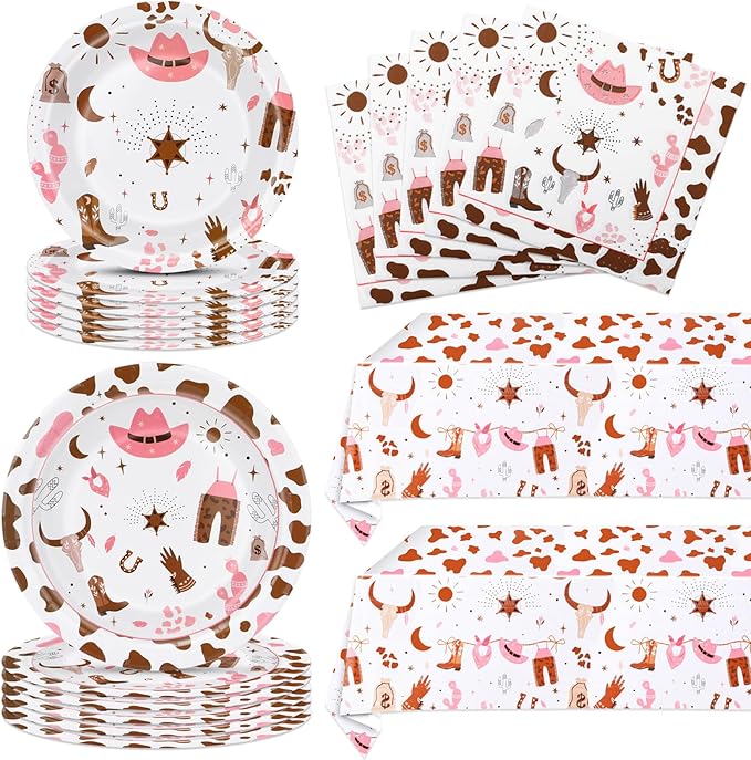 62Pcs Cowgirl Party Decorations Pink Western Cowgirl Party Supplies, 20 9'' Plates 20 7'' Plates 20 Napkins and 2 Cowgirl Tablecloth for Wild West Cowgirl Theme Birthday Party Baby Shower Dinnerware