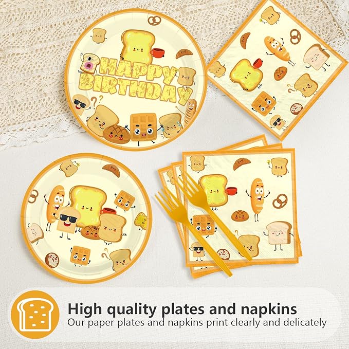 96Pcs Toast Bread Birthday Party Supplies Breakfast Bread Plates and Napkins Disposable Toast Food Theme Tableware Set for Kids Happy Birthday Party Decorations Serves 24