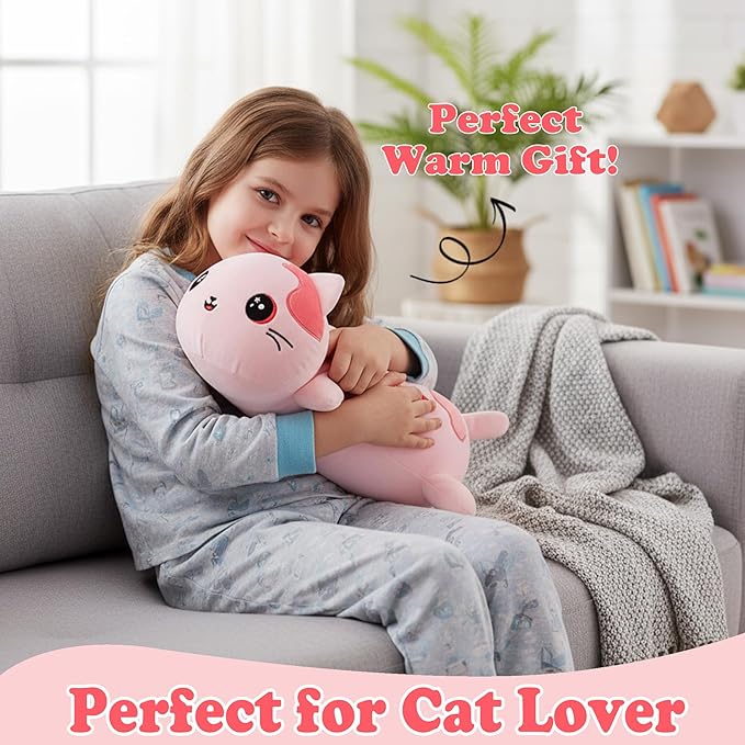 Microwave Weighted Cat Stuffed Animal - 2.2 Pounds Big Pink Cat Plush Machine Washable Unscented Cute Heating Pad Animal Pillow Warm Plushies Toy for Adults Kids Pink Flower Embroidery 15 Inch