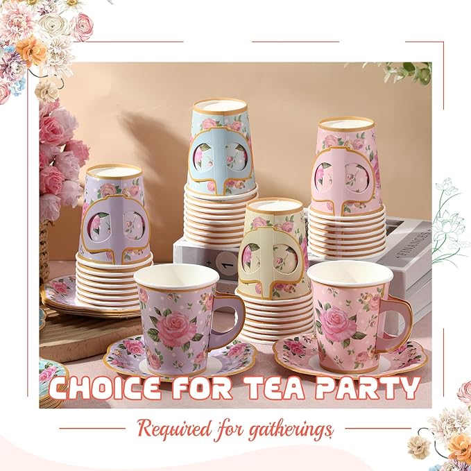 Umigy 36 Sets Mother's Day Tea Party Decorations 9 oz Floral Paper Teacups & Saucer Set for Girls Women Tea Parties Mothers Day Bridal Shower Wedding Birthday Party Decorations(Mixed Color)
