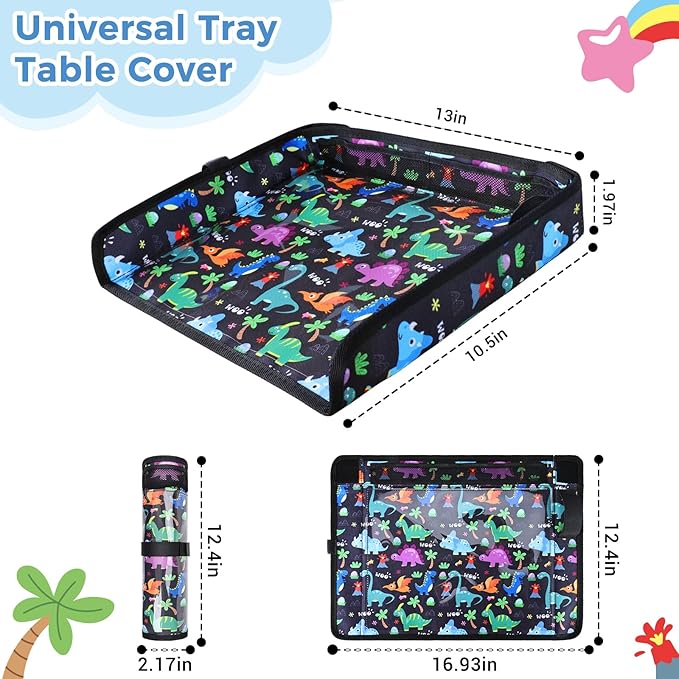 COOLBEBE Airplane Tray Table Cover Foldable Travel Tray Cover for Toddlers 1-3 Universal Fit for Airplane, Car Seat, High Chair Machine Washable, Portable Black Dinosaur