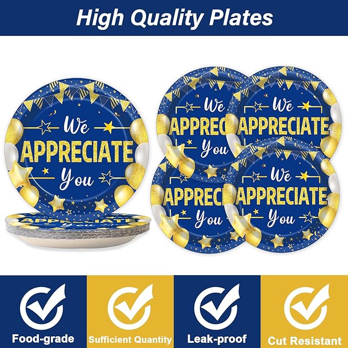 96Pcs We Appreciate You Party Plates and Napkins for Employee Staff Appreciation Blue Gold Supplies Work Anniversary Themed Plate Thank You Tableware Set for Teacher 24 Guests Party Decorations