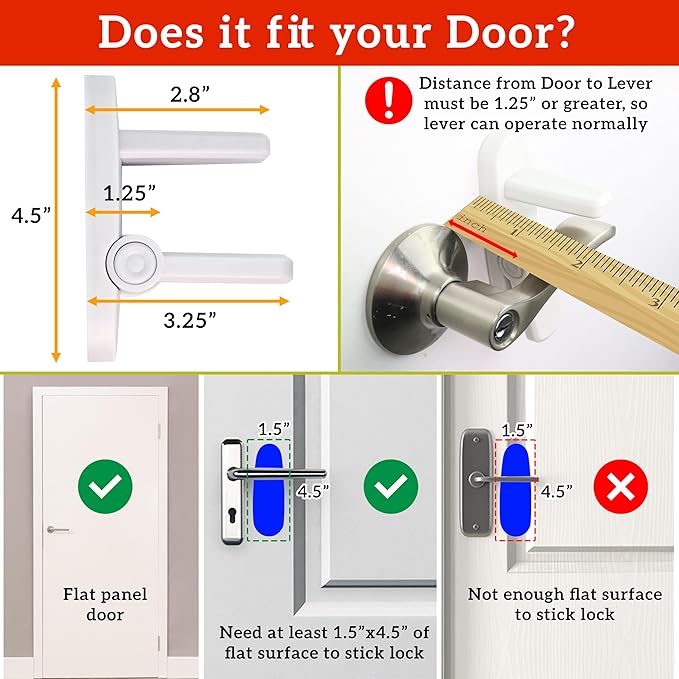 Door Lever Lock (1 Pack) Prevents Toddlers from Opening Doors. 3.25" L * 1.5" W * 4.5" H Easy One Hand Operation for Adults. Durable ABS with 3M Adhesive Backing. Simple Install, No Tools Needed.
