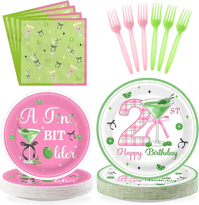 96Pcs Matini 21st Birthday Party Decorations A Tini Bit Older Plates and Napkins Tableware Sets Pink Green Decorations for 21 Years Old Women Girls Birthday Martini Party Supplies Serves 24