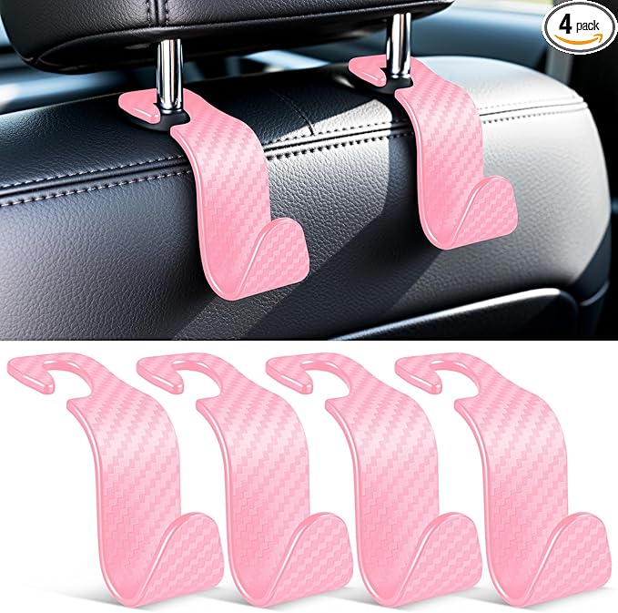 SINGARO Universal 4 Pack Car Seat Headrest Purse Hook, Carbon Fiber Back Seat Hook Storage Organizer Hanger for Purse Handbag Coat, Car Interior Accessories(Pink)