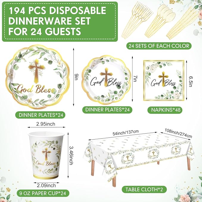 Pickmesh 194 Pcs God Bless Baptism Party Decoration Boy for 24, Sage Green Baptism Confirmation Paper Plate Napkin Cup Tablecloth Cutlery for First Holy Communion Christening Baby Shower Supplies
