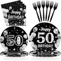 96Pcs Happy 50th Birthday Party Supplies Black and Silver 50th Plates and Napkins Tableware Sets Back in 1975 Birthday Party Decorations for Men Women Cheers to 50 Years Favors Decor Serves 24