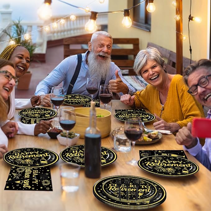 100 Pcs Happy Retirement Tableware Party Supplies Set, Serves 25 – Disposable Black and Gold Paper Plates, Napkins, and Forks, Cheers to Retirement Dinnerware Party Decorations