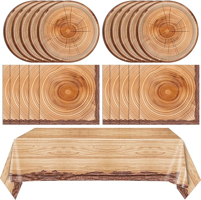 41 Pcs Camping Birthday Party Decorations Rustic Wood Grain Slice Tableware Brown Camo Wood Paper Plates Napkins Tablecloth丨Forest Themed Bonfire Hunting Birthday Lumberjack Party Decor,Serves 20