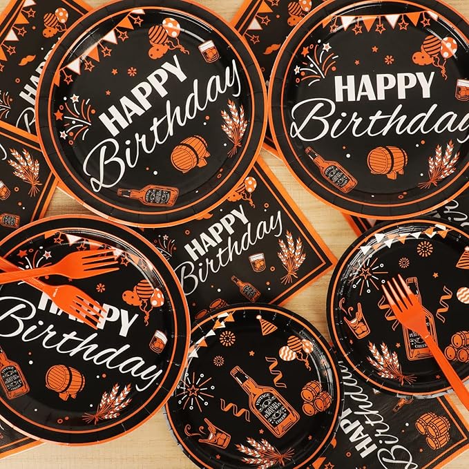 96 Pcs Black & Gold Cheer Theme Birthday Plates & Napkins - Party Supplies for 24 Guests