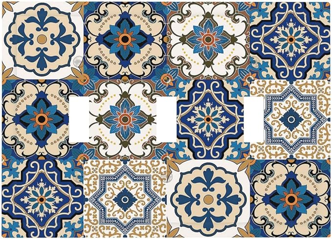 Decorative Switch Plates Mandala Decorative Tile Talavera Moroccan Tiles 3 Gang Wall Plate Faceplate Triple Toggle Light Switch Cover Electrical Wall Panels for Bedroom living Room Decor