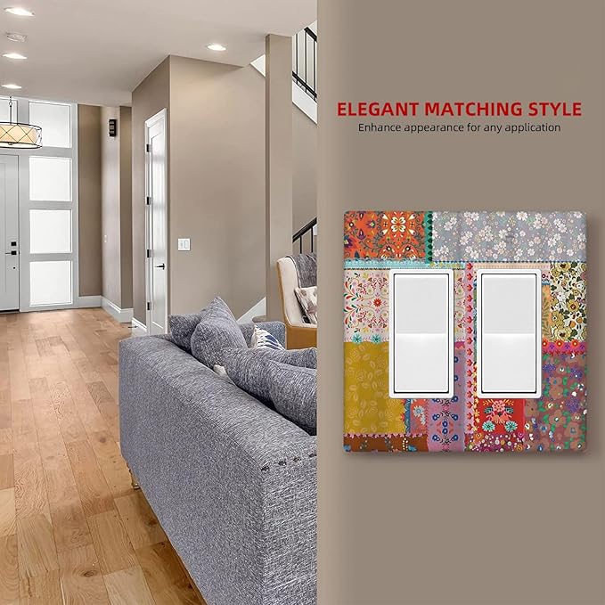 Outlet Covers Boho Patchwork Bohemian Stitching Colorful Floral 2 Gang Wall Plate Double Rocker Light Switch Cover Decorative GFCI Receptacle Cover Electrical Switchplate for Home Decor