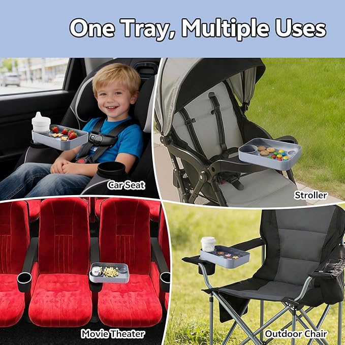 Car Seat Snack Tray for Kids Toddler Travel,Cup Holder Expander for Car,Toddler Travel & Road Trip Accessory for Mess-Free Snacking in The Car (Gray)