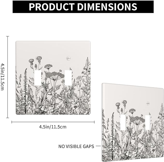 Gray Vintage Floral 2-Gang Double Toggle Switch Plate, Neutral Cottage Garden Retro Wildflower Wall Plate for Home, Bedroom, Sunroom & Bathroom