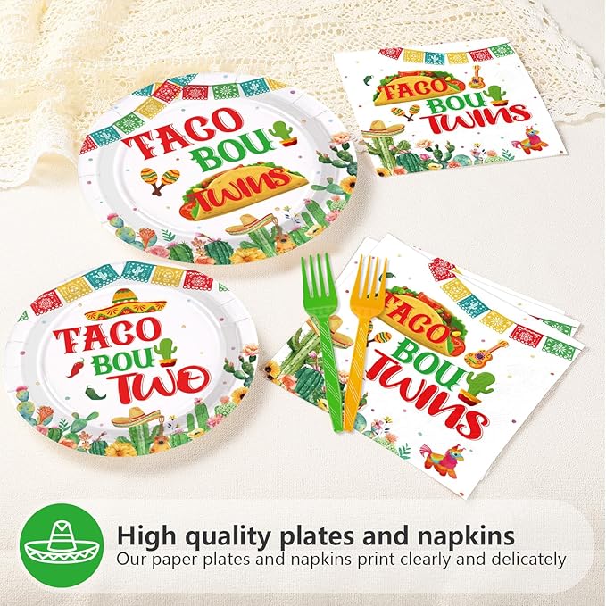 96Pcs Mexican Baby Shower Decorations Taco Bout Twins Plates and Napkins Mexico Fiesta Gender Reveal Decoration Favors for Kids Mexican Baby Shower Taco Theme Birthday Party Supplies Serves 24