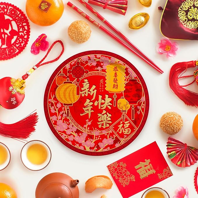 Chinese New Year Party Supplies Kit : Happy New Year Design Decorations Set with Disposable Plates, Napkins, Cups, Tablecloth, and Festive Banner - for Lunar New Year Celebrations Serves 25.
