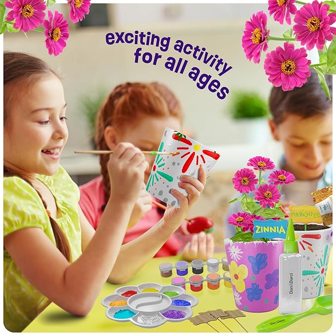Dan&Darci Paint & Plant Stoneware Flower Gardening Kit - Gifts for Girls & Boys Ages 6-12 - Kids Arts & Crafts Project Birthday Gift, STEM Activity for Age 6, 7, 8, 9, 10, 11 & 12 Year Old Girl