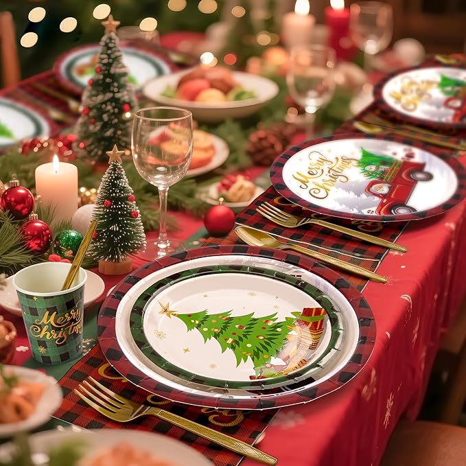 Merry Christmas Party Tableware Supplies, 168PCS Christmas Paper Plates Napkins Cups and Gold Cutlery Set, 24 Set Red Plaid Xmas Disposable Dinnerware Set for Party Decorations