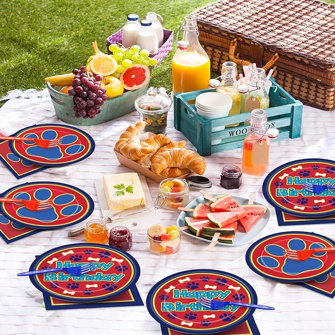 96 Pcs Cartoon Dog Birthday Party Plates and Napkins Paw Print Party Decorations Puppy Theme Supplies Lets Pawty Paper Dessert Plates Tableware Set for Kids Boy Girl Baby Shower 24 Guests