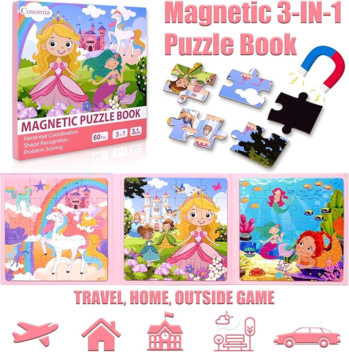 Magnetic Puzzles for Kids 3-5, 3-in-1 Princess Unicorn Mermaid Travel Puzzles for Kids Ages 4-6, Car Airplane Road Trip Activities Toys, Easter Day Gifts for Girls