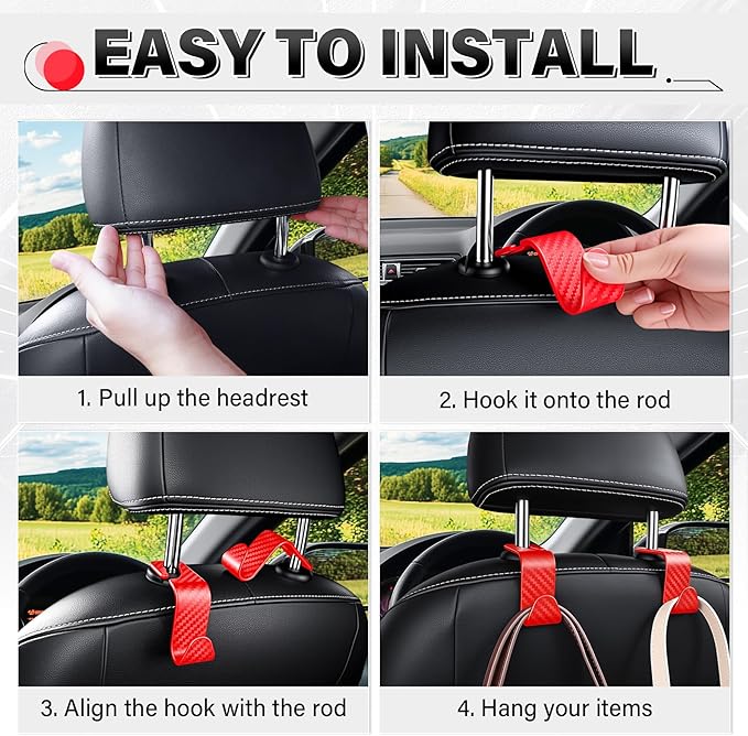 SINGARO Universal 2 Pack Car Seat Headrest Purse Hook, Carbon Fiber Back Seat Hook Storage Organizer Hanger for Purse Handbag Coat, Car Interior Accessories(Red)