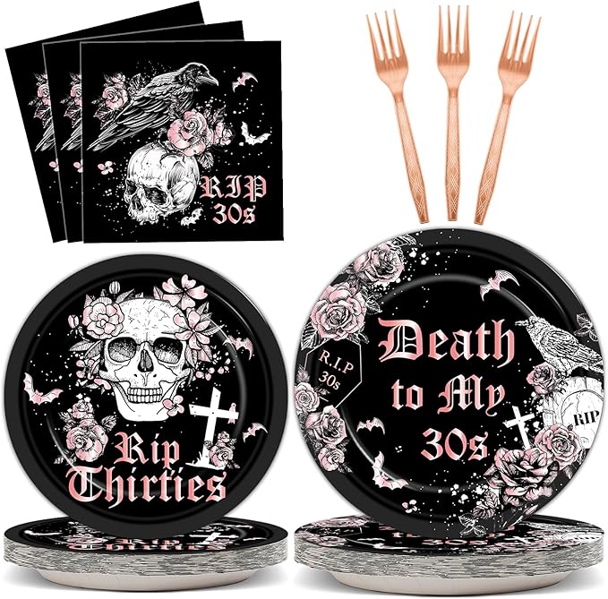 Qyeahkj 100 Pcs 40th Birthday Party Supplies Death to My 30s Paper Plates and Napkins Set Black Rose Gold Rip to My 30s Disposable Tableware Decorations for Women Thirties Funeral Youth Serve 25 Guest