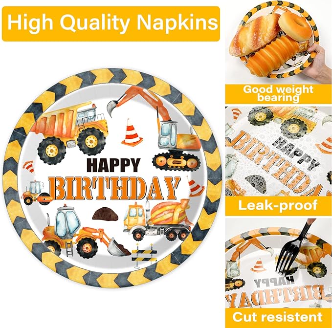 100 Pcs Construction Birthday Party Plates and Napkins Set Dump Truck Birthday Party Decorations Supplies Construction Tableware Construction Themed Party Favors for Boys Birthday Serves 25