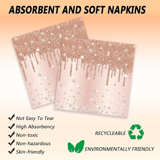 72 Pcs Rose Glitter Paper Plates 7in Disposable Dinner Plates Napkins and Forks Party Tableware Set Decoration Supplies for Girls Birthday Bridal Shower Wedding Ceremonies Anniversary Party, Serve 24