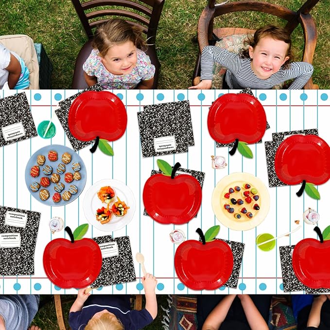 Back to School Party Supplies Serves 24 First Day of School Decorations Party Paper Plates Napkins Red Apple Composition Notebook Disposable Tablecloth Set Tableware Kit for Preschool Teacher Party