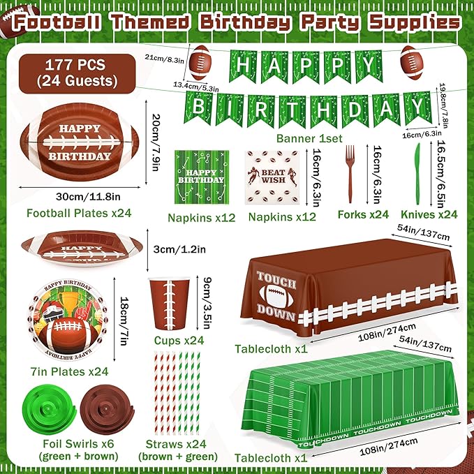 Football Birthday Party Decoration,177PCS Football Disposable Tableware Party Supplies,Set of 24 Football Paper Plates Napkins Cups Forks Straws,Banner Touchdown Tablecloth for Gameday Tailgate Decor