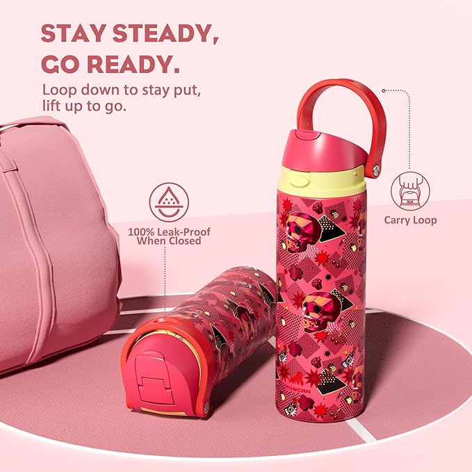 POWCAN 24 oz Insulated Skull Water Bottle: 2-in-1 Lid with Push-Button Spout & Quick-Flip Straw, Leakproof, Car Cupholder Friendly, Stainless Steel for Gym, Travel, Camping (Candy Vandal)