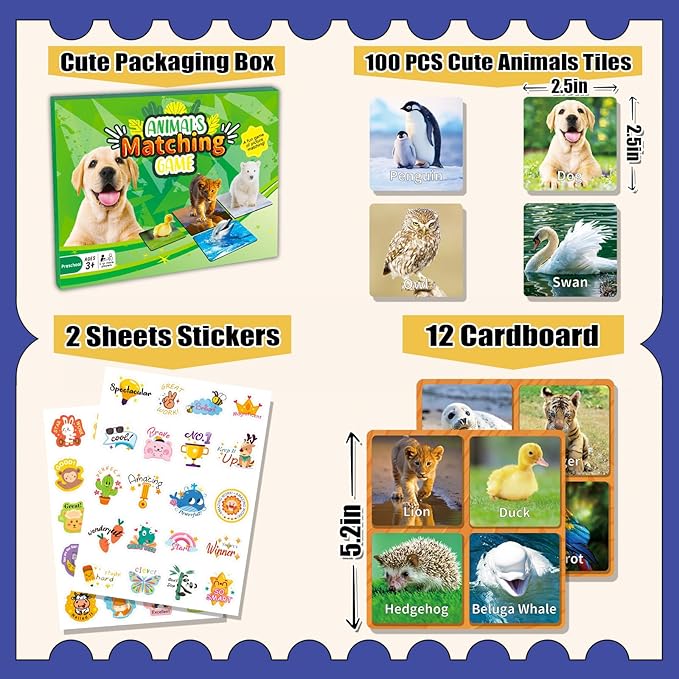 YTSQLER Animal Matching Game for Kids 100PCS Memory Card Game for Toddlers Preschool Learning Activities Memory Matching Cards Boys Girls Family Board Game