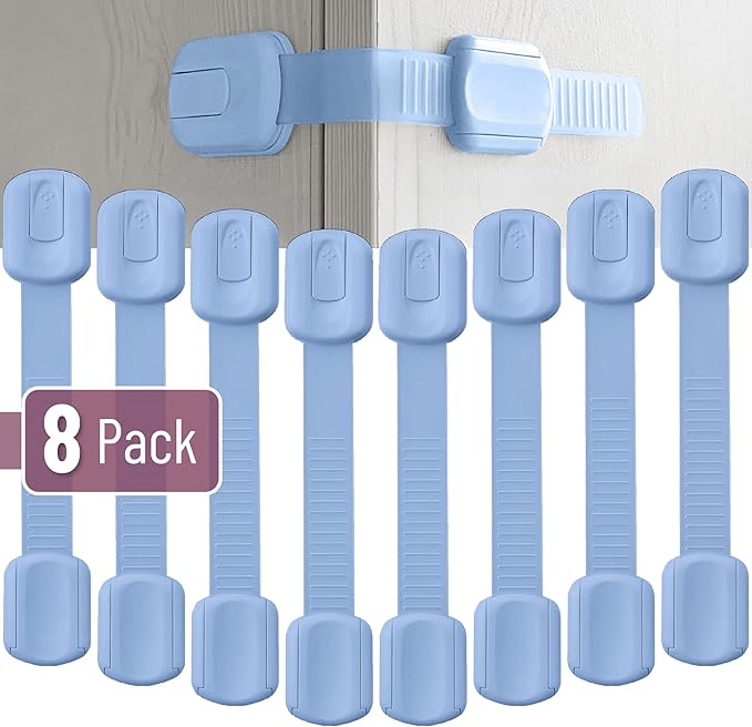 Bates- Child Safety Strap Locks, 8 Pack, Baby Blue, Child Locks for Cabinets and Drawers